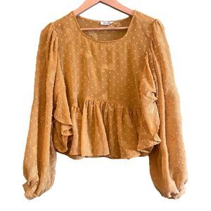 Miss Me Embroidered Floral Boho Peasant Mustard Ruffle Flowy Blouse Sz M